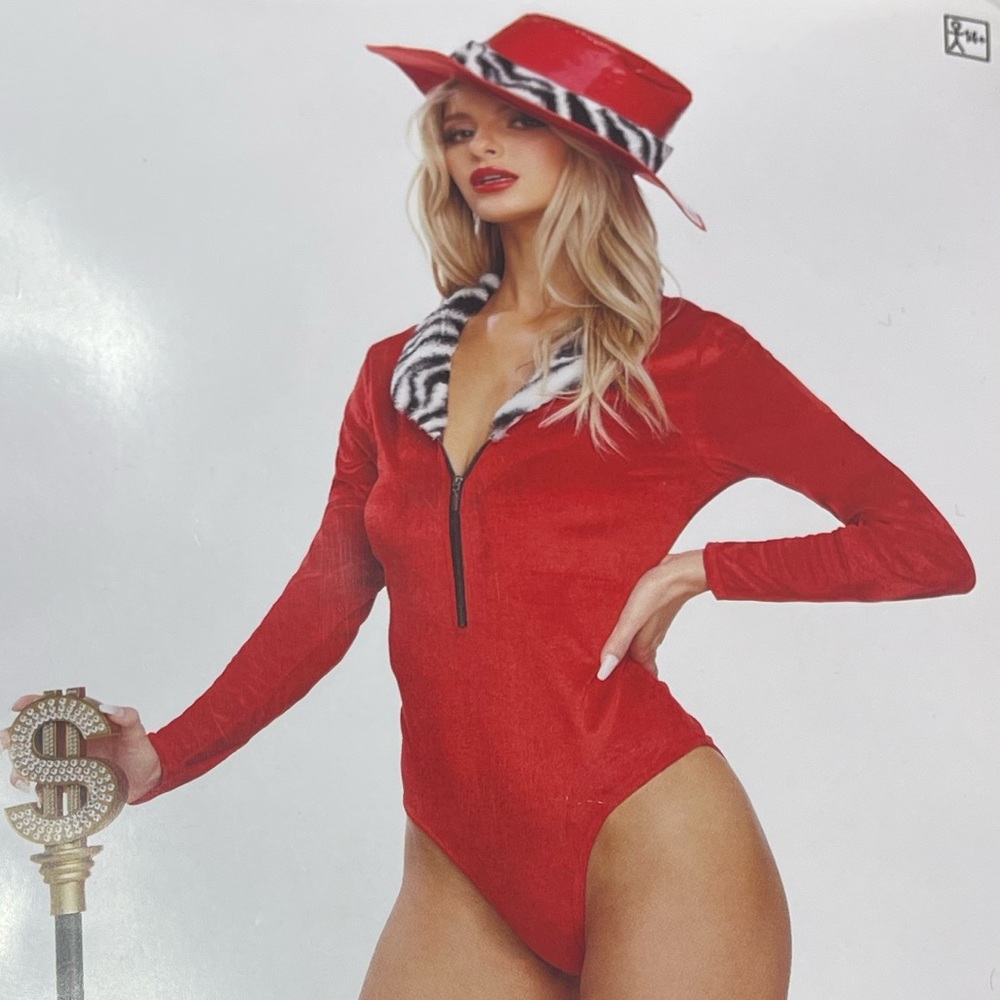 Halloween body suit costume red zebra pimp boss lady l/Xl new with tags hat